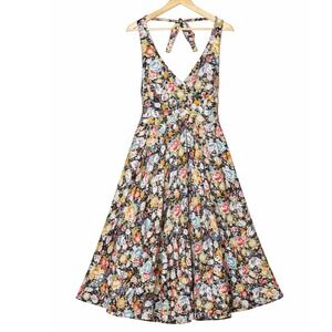 Unique Vintage Dress 2X/18 Black Floral Crane Halter Fit & Flare Swing Retro